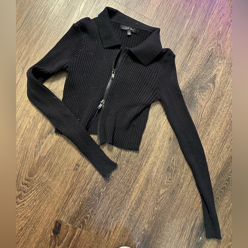 Love Tree Black Ribbed Zip-Up Hoodie